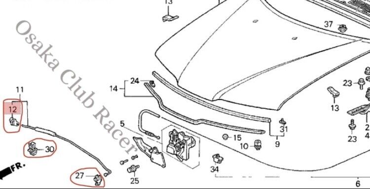 Genuine OEM 92-96 Honda Prelude Hood Prop Rod Catch / Holder Grommet / Stay Clip